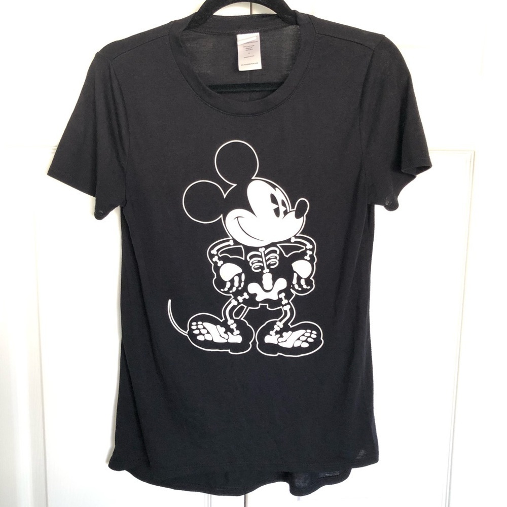 Black and White GLOW Disney Mickey Mouse Skeleton Halloween T-Shirt Size S